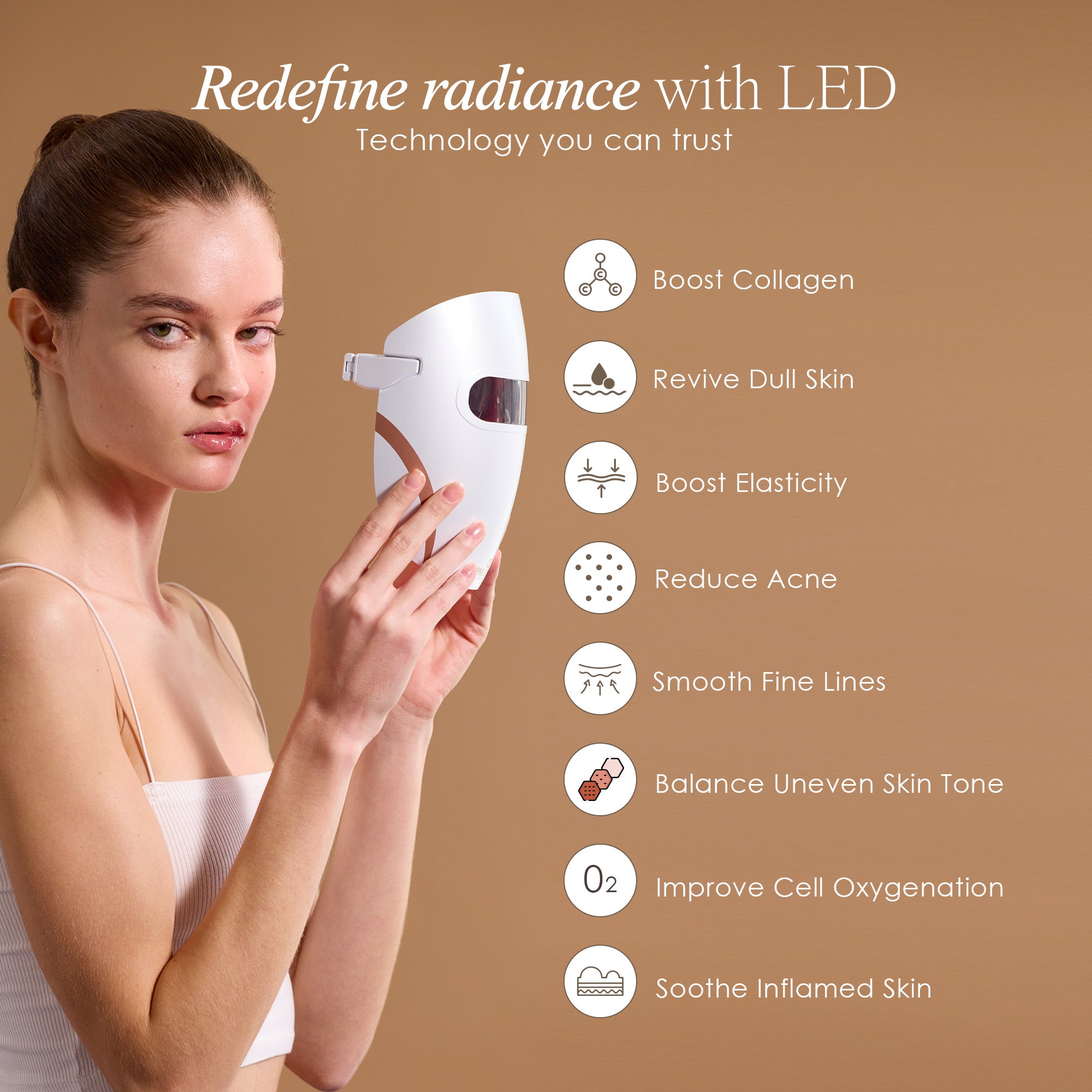 Lumamask 7 LED light therapy face mask listing LED light therapy benefits such as boosting collagen and elasticity