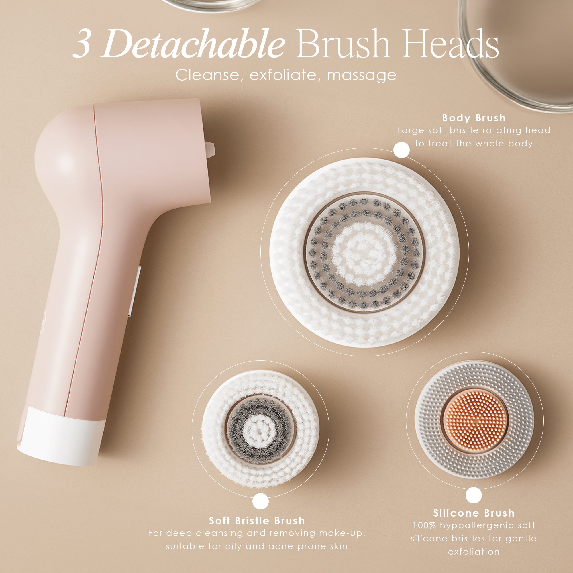 Gloa face and body cleansing brush showing the 3 detachable brush heads and their functions