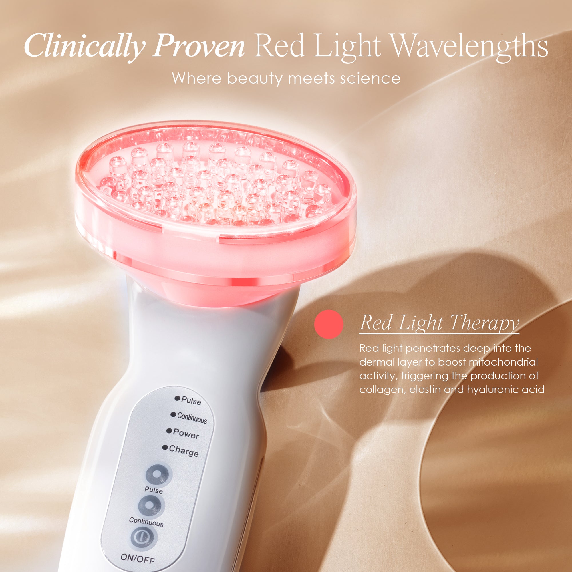 Red LED+ anti-aging wand describing how red light triggers collagen production