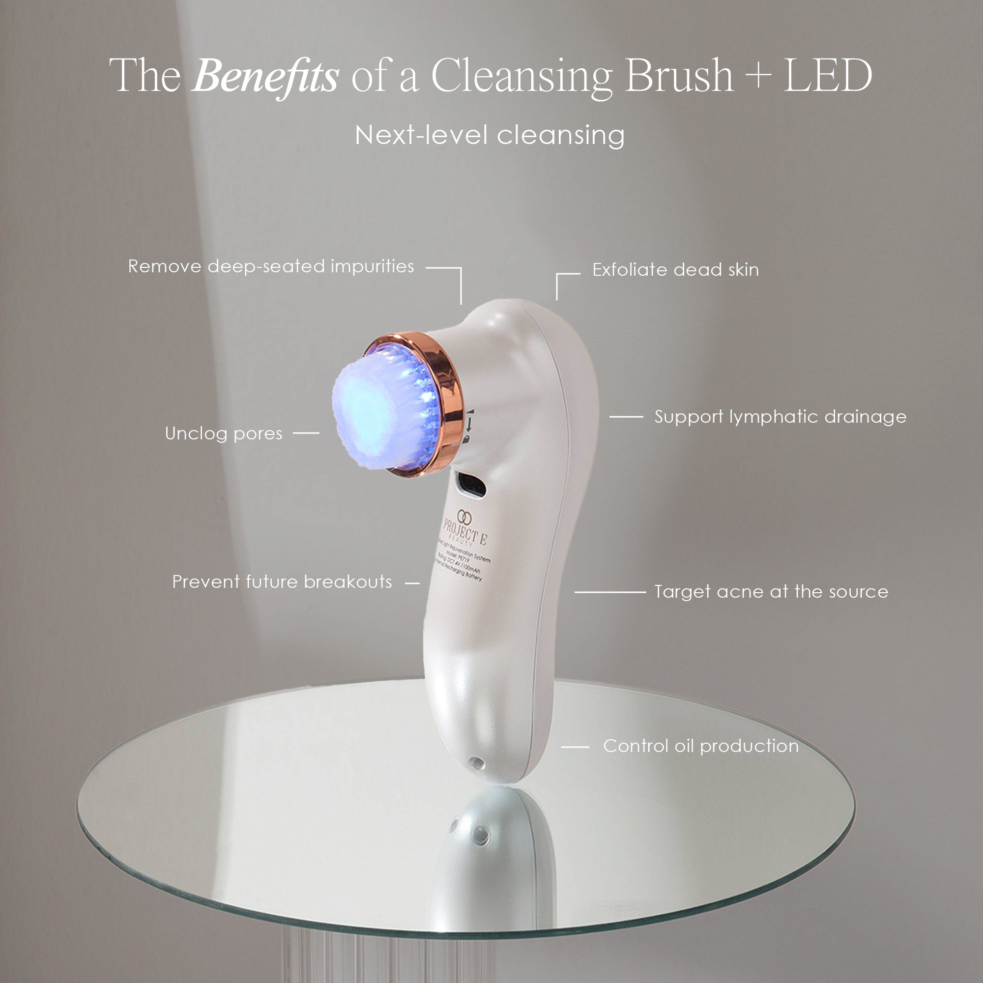 LumaBlue LED light cleansing brush showing electric facial brushing with blue light therapy benefits such as exfoliating dead skin