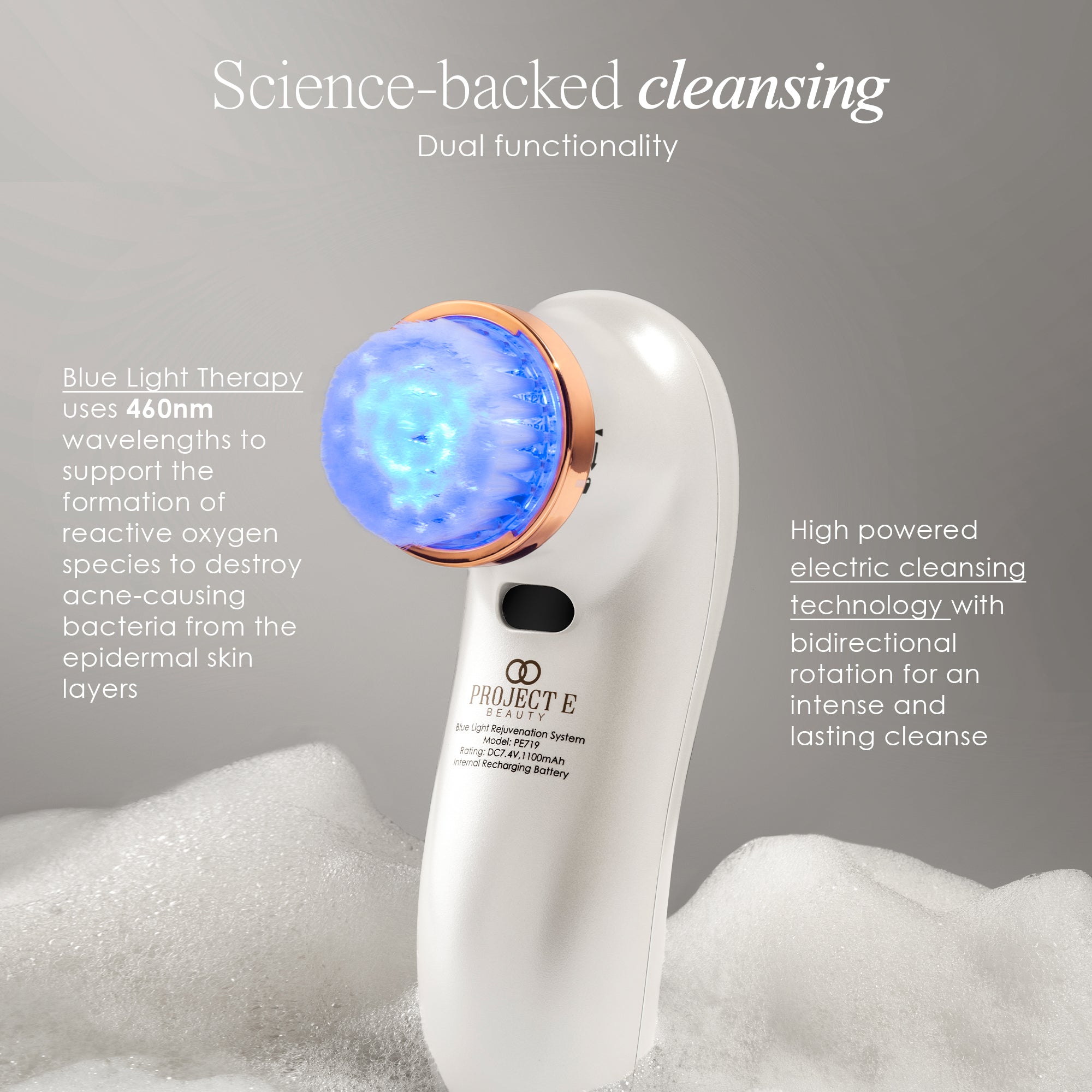 LumaBlue LED light cleansing brush describing blue light therapy and electric cleansing technology and their functions