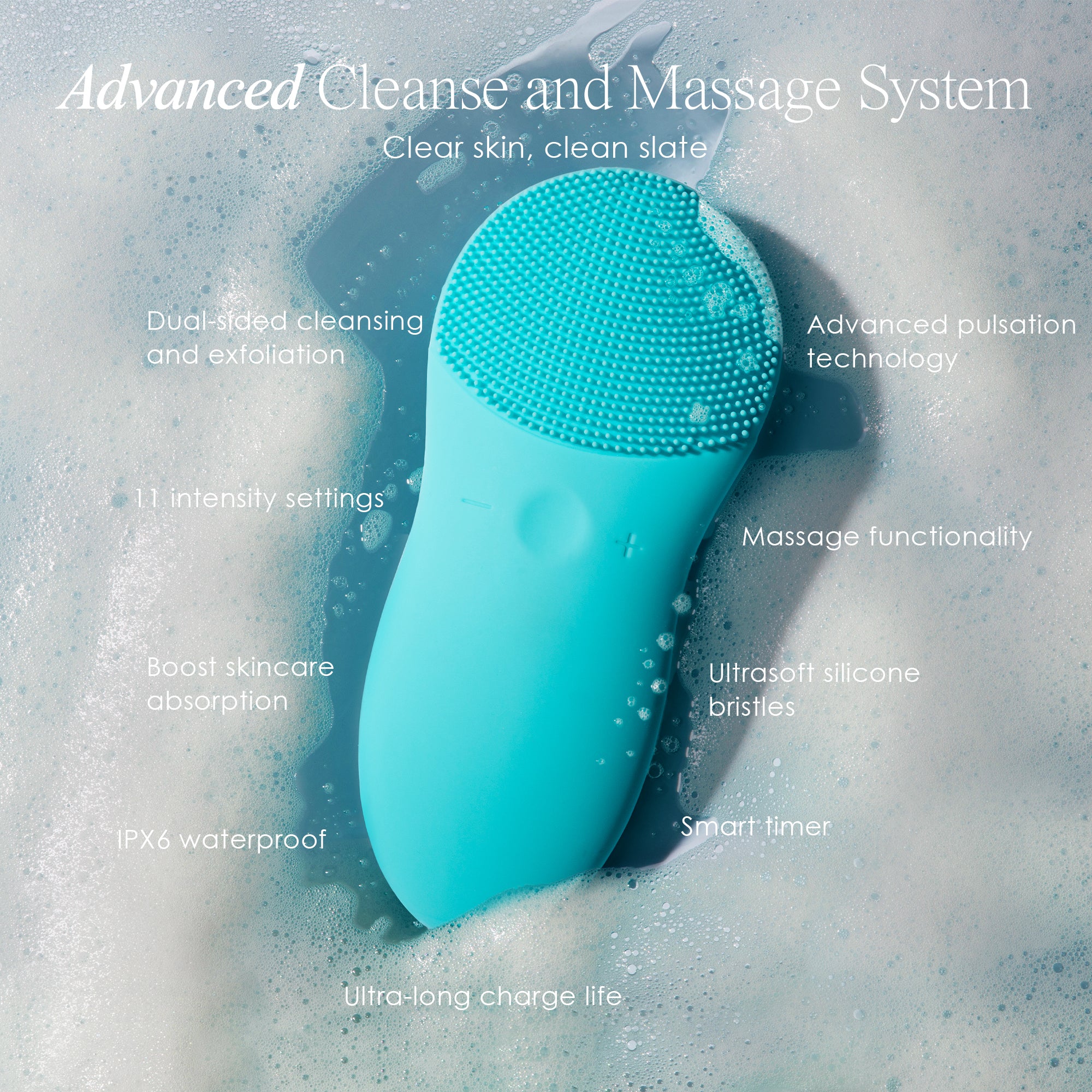 CLEO+ sonic facial cleansing brush listing features such as 11 intensity settings